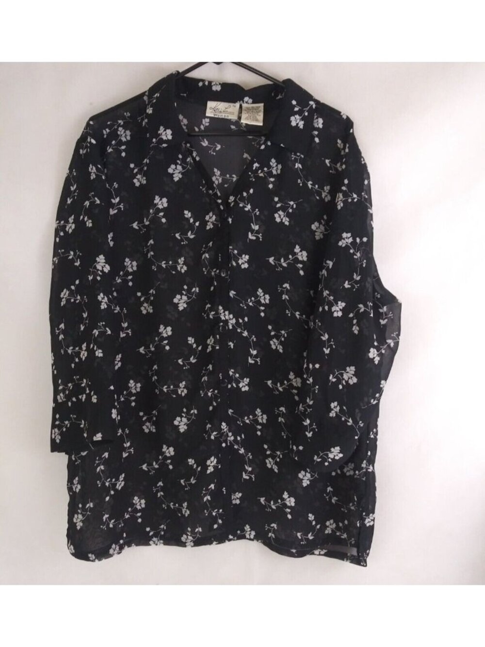 Kathie Lee Women's Sheer Black Blouse With White Floral Designs Plus Size 18/20W
